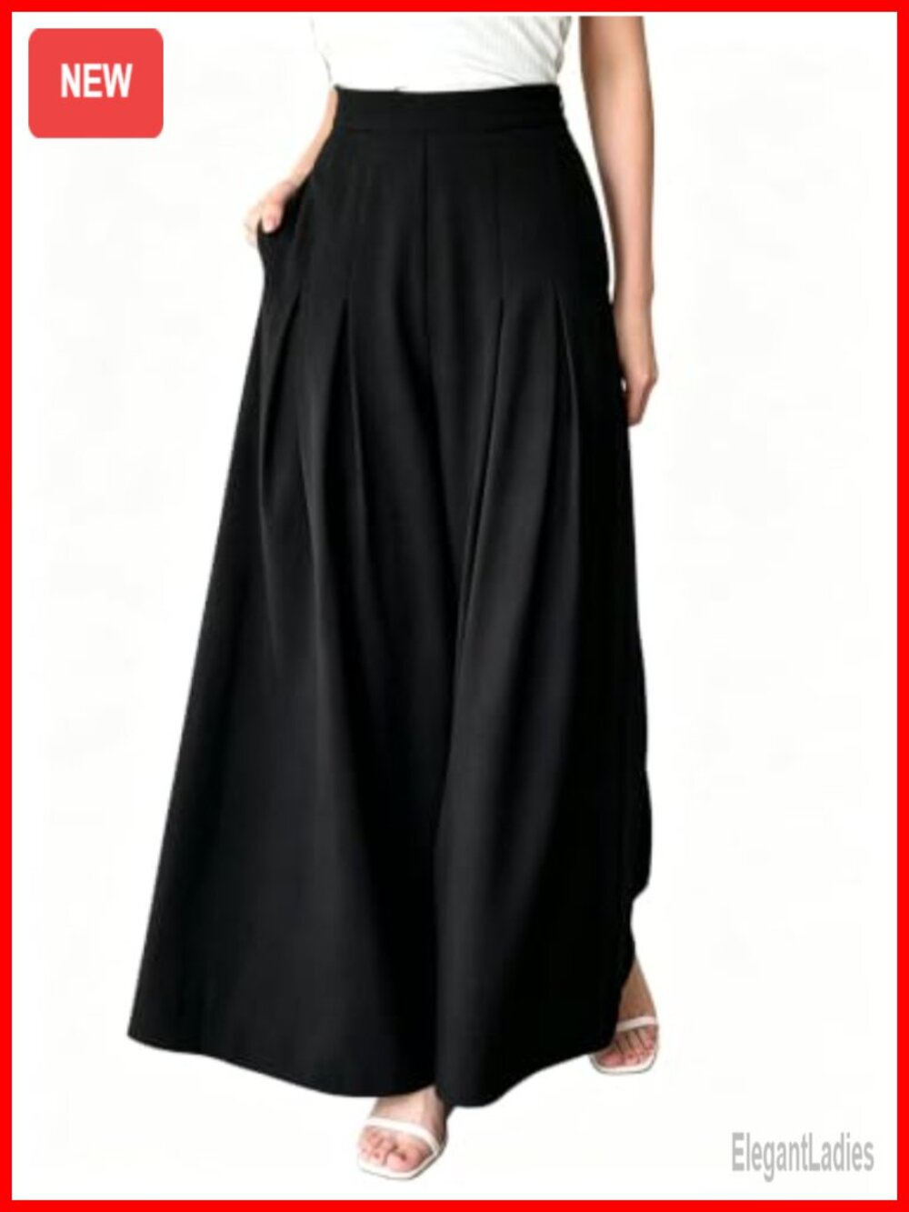 Women High Waist Pleated Wide Leg Palazzo Trousers Side Pockets
